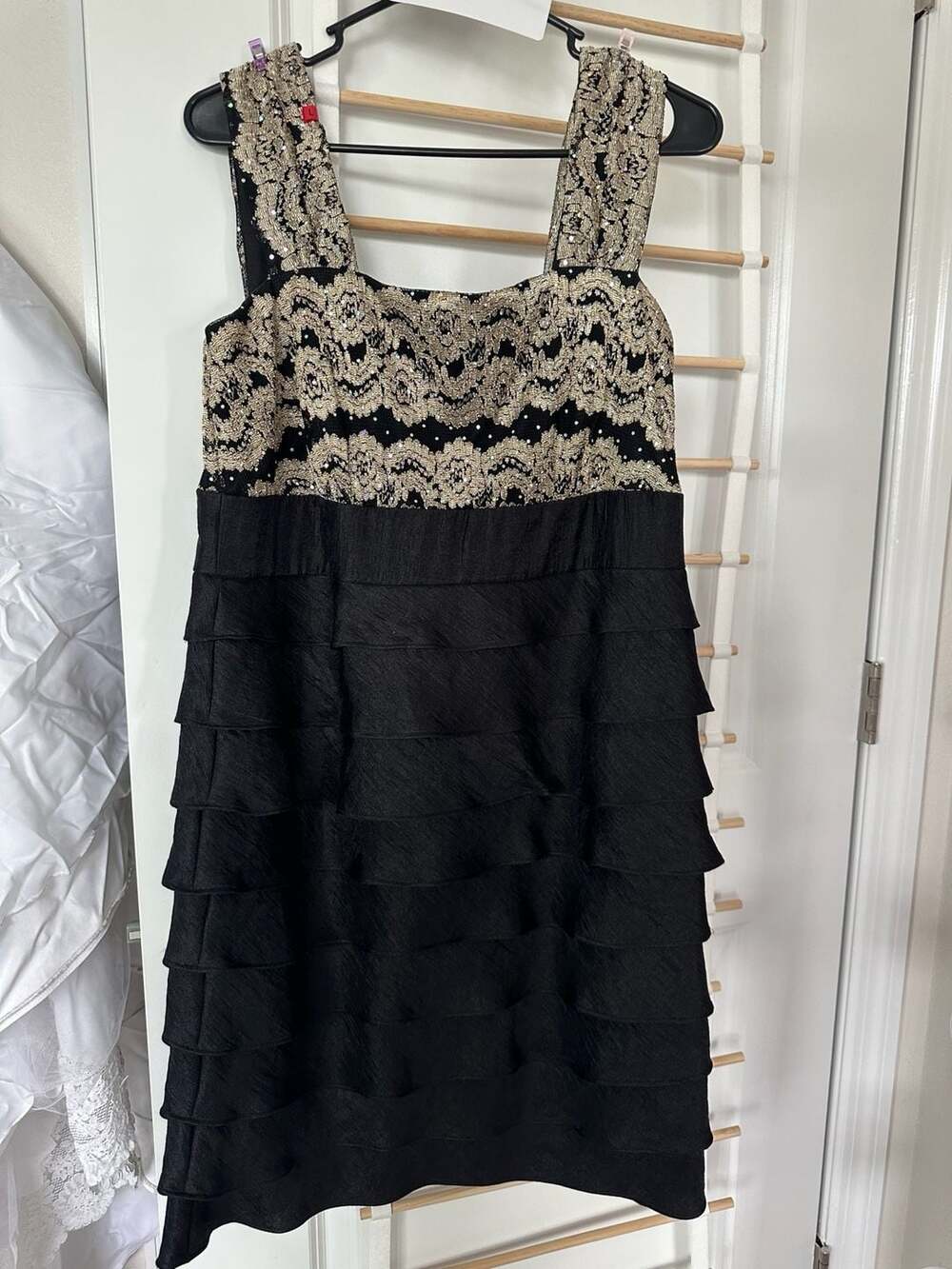 R&M Richards Cocktail Dress Size 14M Black Gold Lace Tiered